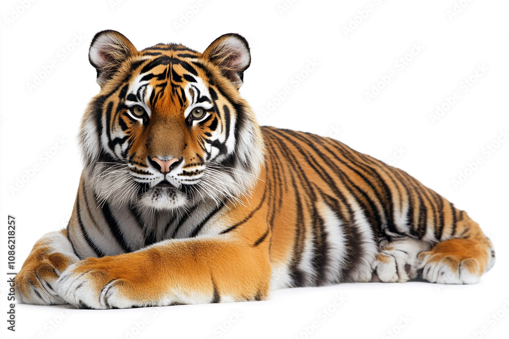 Obraz premium Majestic Tiger Lying Down On White Background