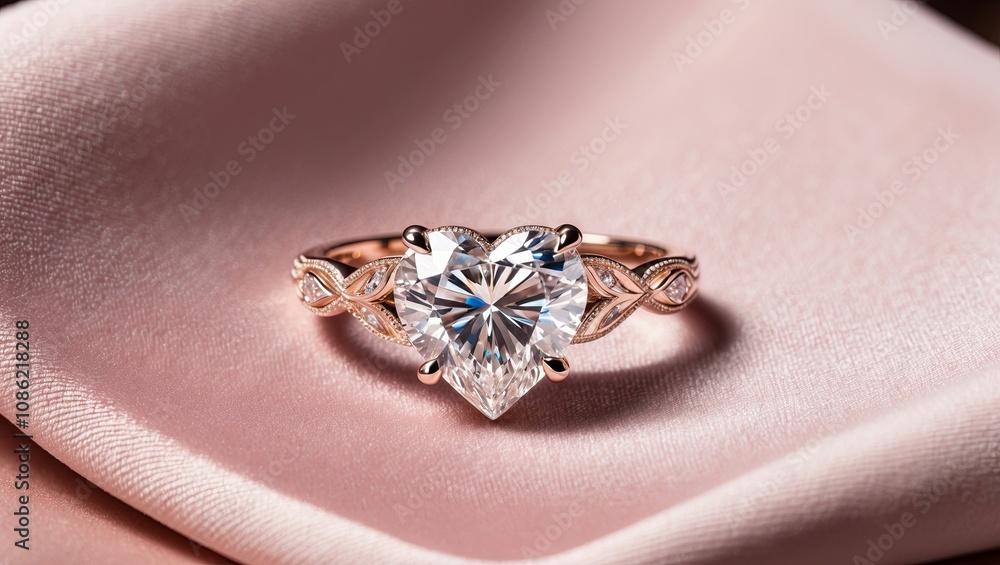An Exquisite and Elegant HeartShaped Diamond Ring Displayed on Luxurious Silk Fabric An Exquisite and Elegant HeartShaped Diamond Ring Displayed on Luxurious Silk Fabric