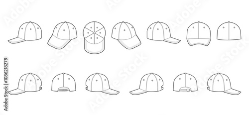 Set of Baseball Dad Cap Hat. Summer Head Fashion accessory clothing technical illustration. Vector headgear for Men, women, unisex style, flat template CAD mockup sketch outline isolated