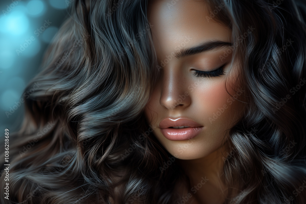 Naklejka premium Dark brunette hair model woman posing for haircare products, highlighting soft, shiny black hair dye. ideal for beauty,haircare products or hair treatment