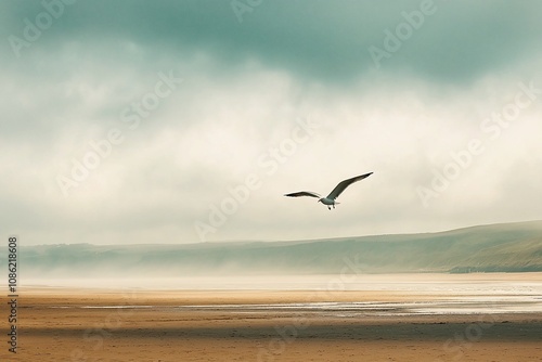 A Serene Flight  A Bird Gliding Over a Misty Landscape