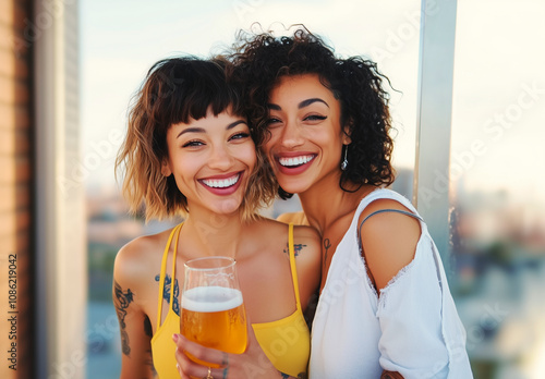 Two Friends Enjoying Drinks Rooftop - LGBTIQ+ LGBTQ+ People. International lLGBTQ+ Pride Day. Diversity Awareness. Lesbian, Gay, Bisexual, Transgender, Queer or Questioning, Intersex, Asexual and More photo