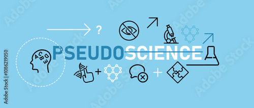 pseudoscience pseudo science icon simple set graphic header poster illustration symbol concept of false fake information misinformation blue background academic