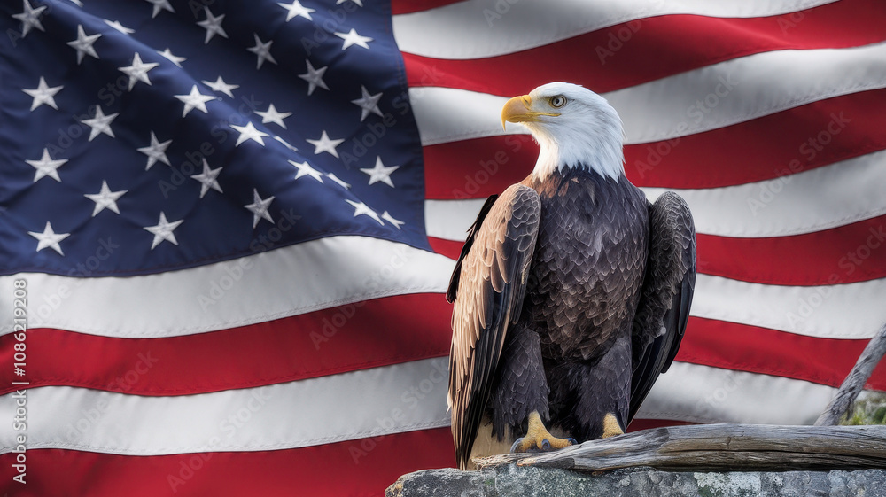 Naklejka premium A majestic bald eagle perched confidently against the backdrop of the American flag, symbolizing freedom and strength.