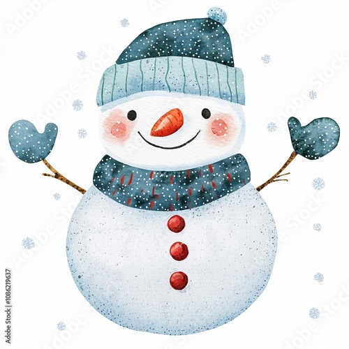 Cheerful snowman welcomes winter with a smile under falling snow. white background photo