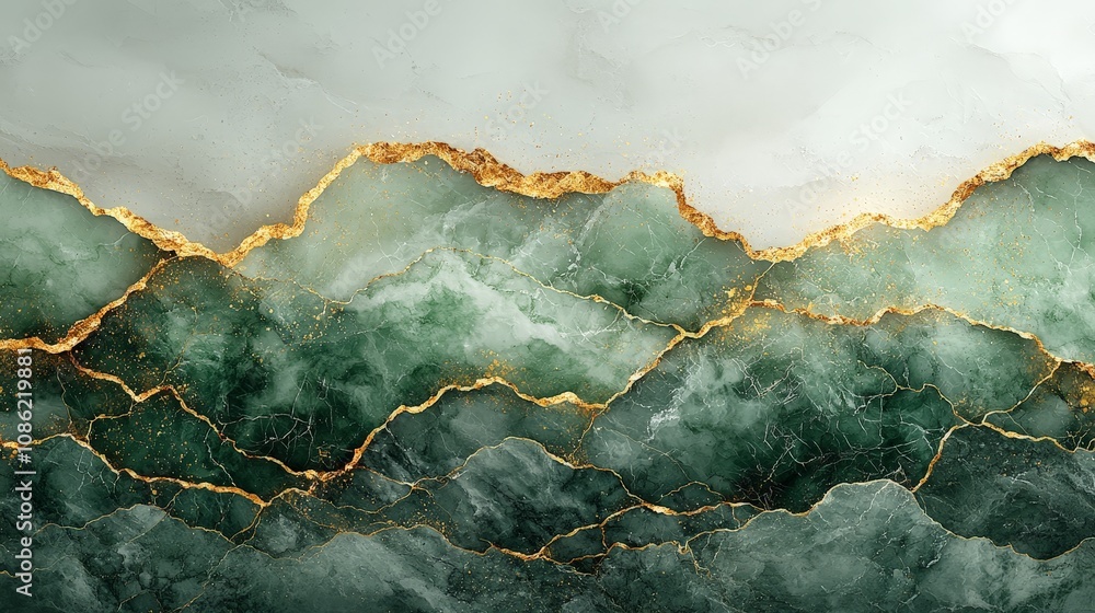 Abstract green and gold marble texture with wavy patterns and a serene color palette. Abstract green and gold marble texture with wavy patterns and a serene color palette.