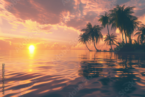 A serene sunset over a tropical beach, soft golden hues reflecting on calm water, coconut trees silhouetted against the sky, peaceful and inviting atmosphere. 
