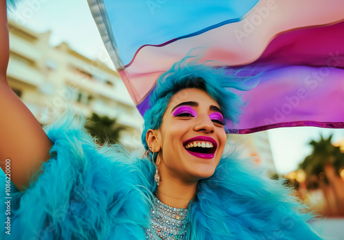 Joyful Pride Parade Participant - LGBTIQ+ LGBTQ+ People. International lLGBTQ+ Pride Day. Diversity Awareness. Lesbian, Gay, Bisexual, Transgender, Queer or Questioning, Intersex, Asexual and More. photo