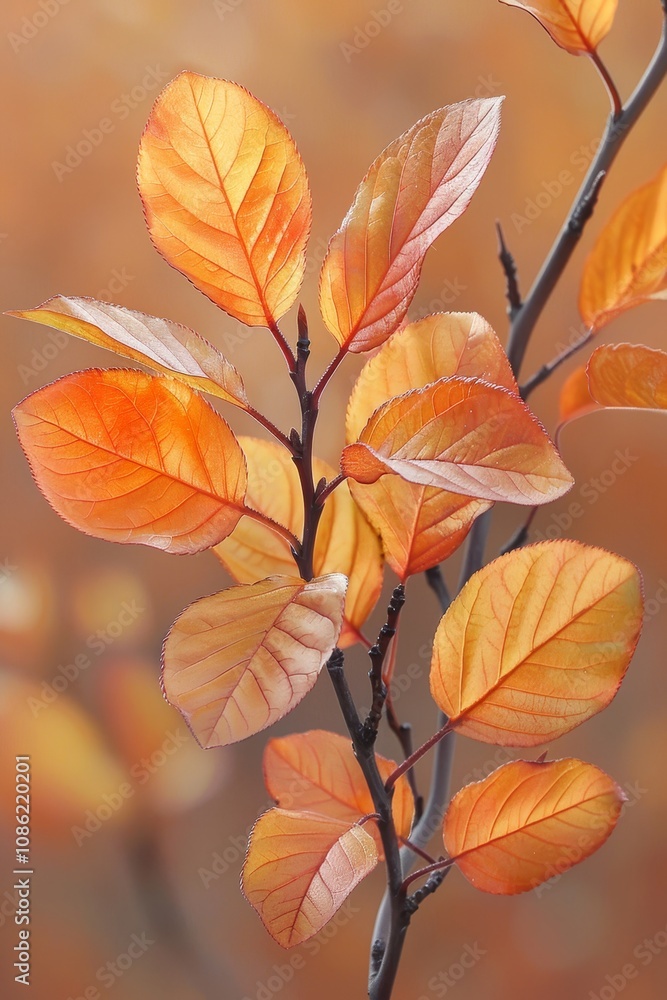 Bright orange leaves stand out against a soft background of warm autumn colors. The sun filters through, highlighting the intricate details of each leaf on the branch. Bright orange leaves stand out against a soft background of warm autumn colors. The sun filters through, highlighting the intricate details of each leaf on the branch.