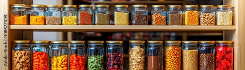 A vibrant display of assorted spices and nuts in glass jars arranged neatly on wooden shelves, showcasing a colorful and organized pantry.