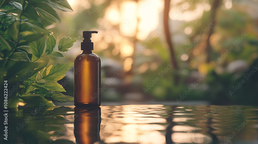 Elegant amber bottle of lotion on a reflective surface surrounded by lush greenery at sunset Elegant amber bottle of lotion on a reflective surface surrounded by lush greenery at sunset