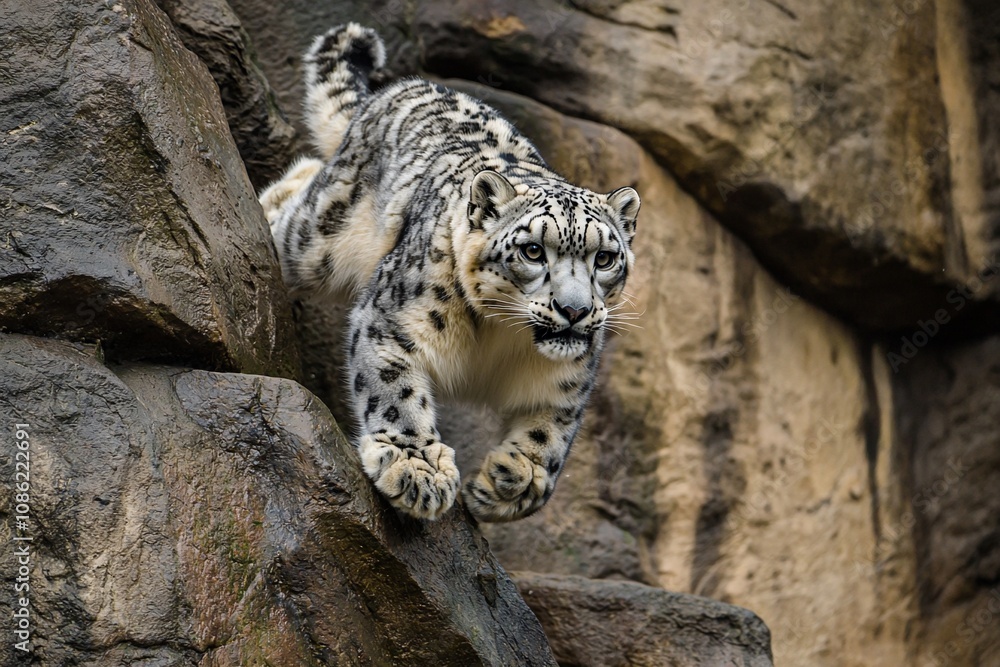 Snow Leopard in Action: Majestic Leap from Rocky Perch Snow Leopard in Action: Majestic Leap from Rocky Perch