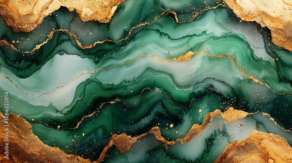 Abstract green and gold marbled design with fluid patterns. Abstract green and gold marbled design with fluid patterns.