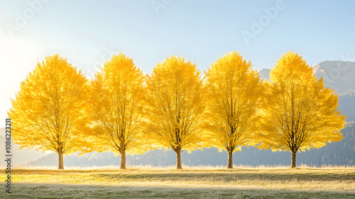 Five majestic trees with vibrant golden leaves stand tall against a clear blue sky. photo