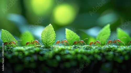 A detailed, high-resolution macro shot of a group of Leafcutter Ants carrying freshly cut leaves along a narrow trail. the image highlights the antsâ€™ glossy reddish-brown bodies, strong mandibles
