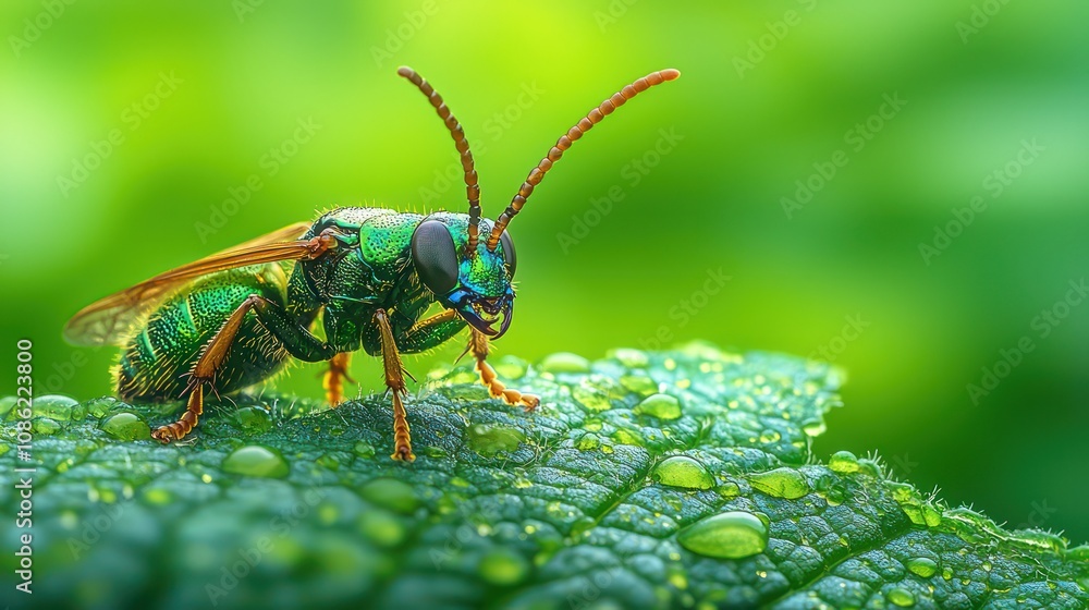 A high-definition macro shot of an Emerald Cockroach Wasp perched on a rainforest leaf, its metallic green body shimmering in the sunlight. 