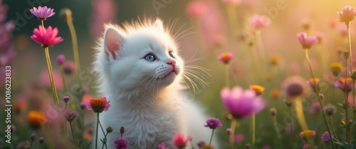 A fluffy white kitten gazes dreamily into the distance, surrounded by a vibrant array of blooming flowers in soft pinks and yellows. The warm sunlight bathes the scene, creating a magical atmosphere photo