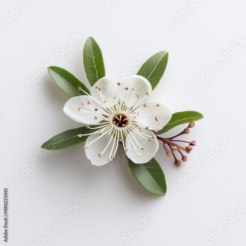 a white Leptospermum petersonii flower, commonly known as lemon-scented teatree, on a smooth white surface photo