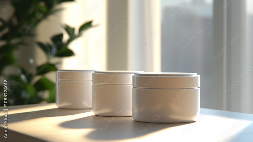 Three white cosmetic containers on a sunny windowsill in a modern setting Three white cosmetic containers on a sunny windowsill in a modern setting