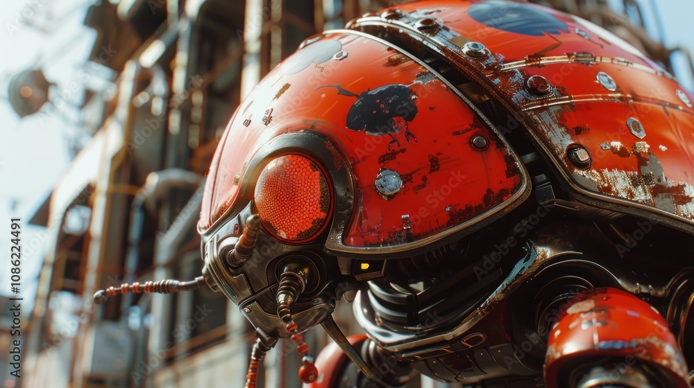 Fototapeta premium Cyberpunk machine style ladybug robot, AI generated image