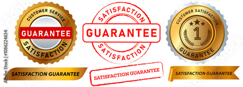 Satisfaction guarantee retail market service approved commerce customer satisfy warranty stamp red gold badges emblem sticker label design icon set collection