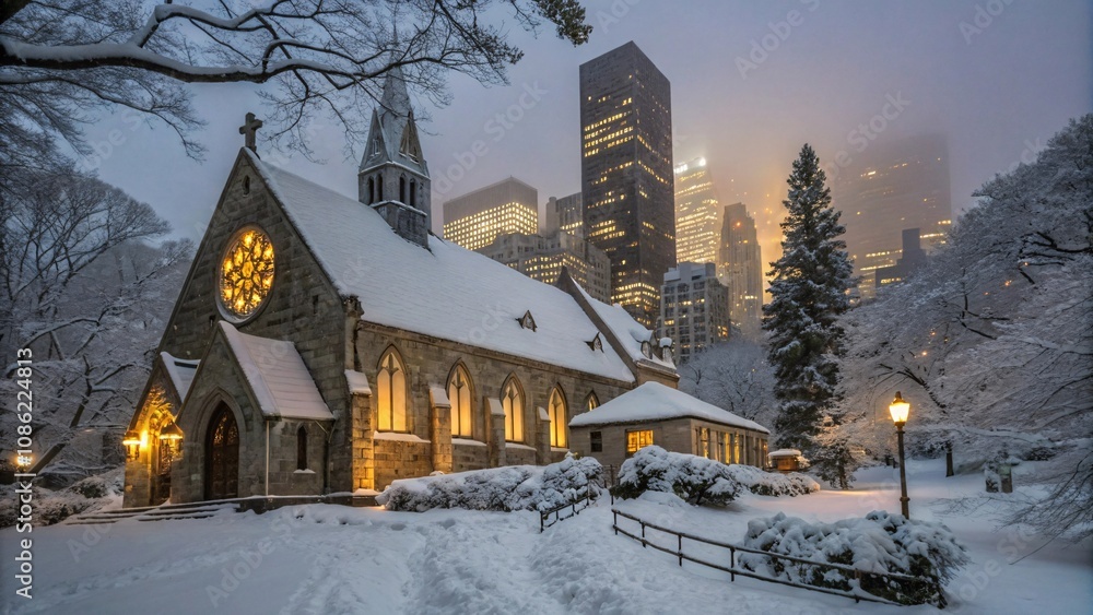Snow-covered church with glowing windows and a starry night sky Snow-covered church with glowing windows and a starry night sky