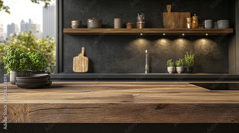 Modern Kitchen Countertop: Warm Wood, City View Modern Kitchen Countertop: Warm Wood, City View