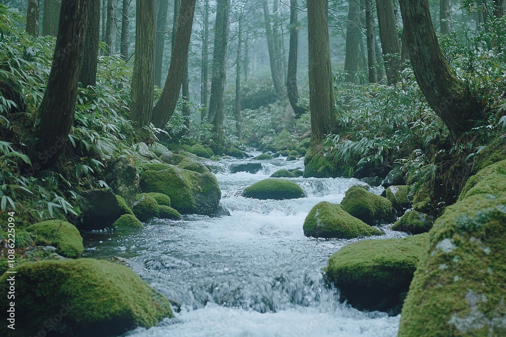 Tranquil Forest Stream Surrounded by Lush Greenery and Mossy Rocks Tranquil Forest Stream Surrounded by Lush Greenery and Mossy Rocks
