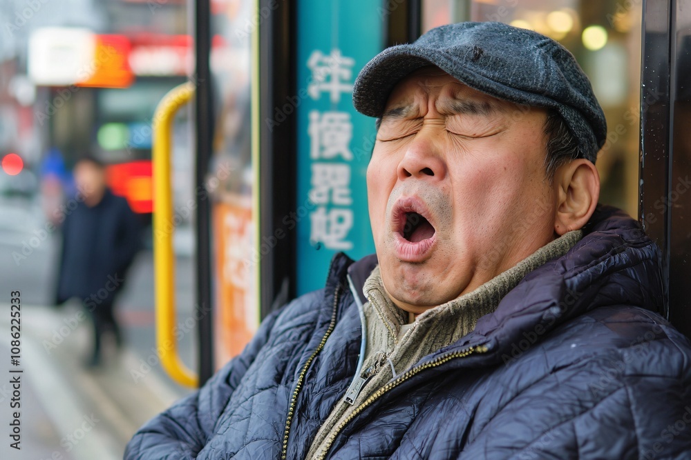 A Moment of Relaxation: A Man Yawning on a Busy Street A Moment of Relaxation: A Man Yawning on a Busy Street