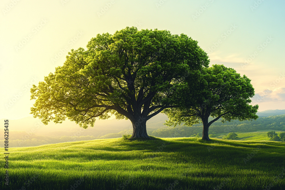 Fototapeta premium Two Majestic Trees on a Verdant Hillside at Sunset