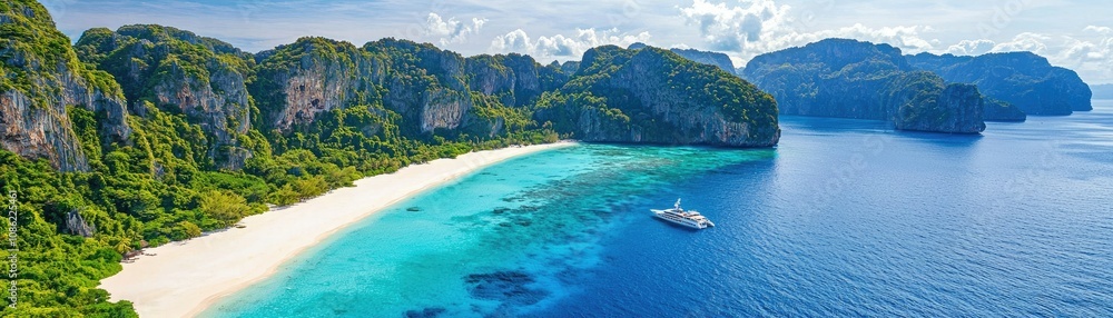 A stunning aerial view of a tropical beach with turquoise waters, lush green cliffs, and a serene atmosphere, perfect for vacation and relaxation. A stunning aerial view of a tropical beach with turquoise waters, lush green cliffs, and a serene atmosphere, perfect for vacation and relaxation.