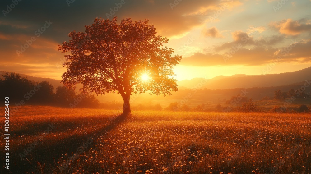 Fototapeta premium Sunset Landscape with a Lone Tree