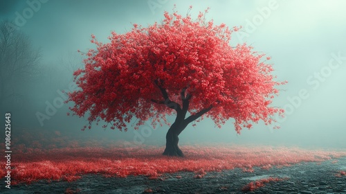Solitary Tree in Foggy Landscape