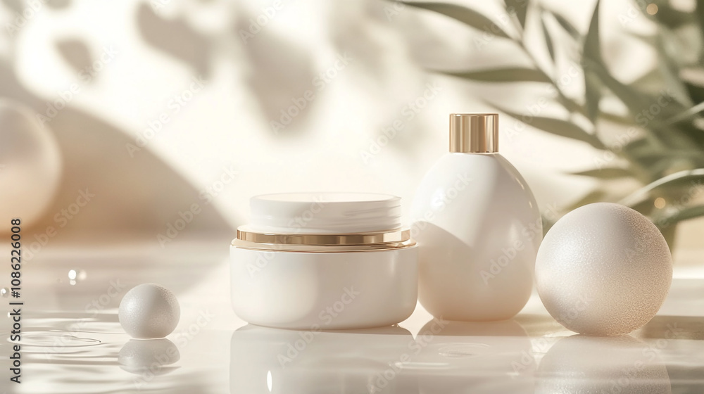 Elegant mockup of skincare products on a serene backdrop with natural elements and soft lighting Elegant mockup of skincare products on a serene backdrop with natural elements and soft lighting