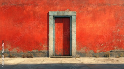 A vibrant red wall with a contrasting door, inviting exploration.