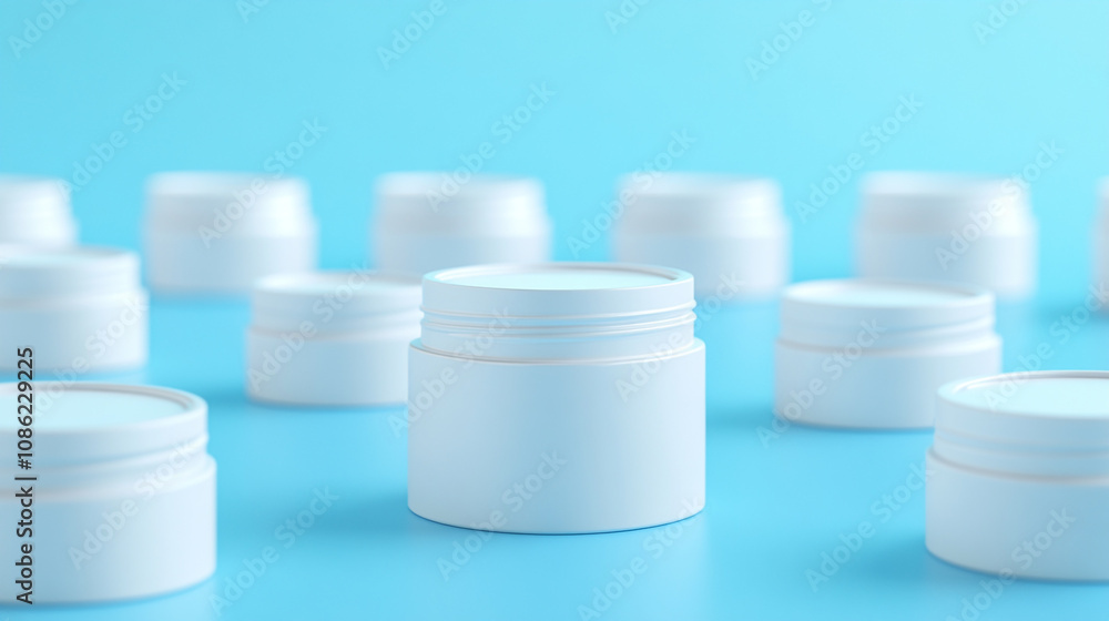 Mockup of white cosmetic jars arranged on a flat surface with a bright blue background Mockup of white cosmetic jars arranged on a flat surface with a bright blue background