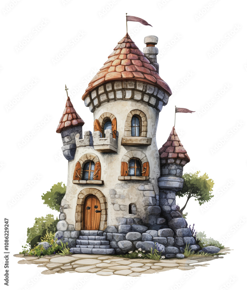 Fototapeta premium PNG A whimsical stone castle with a tower and flags