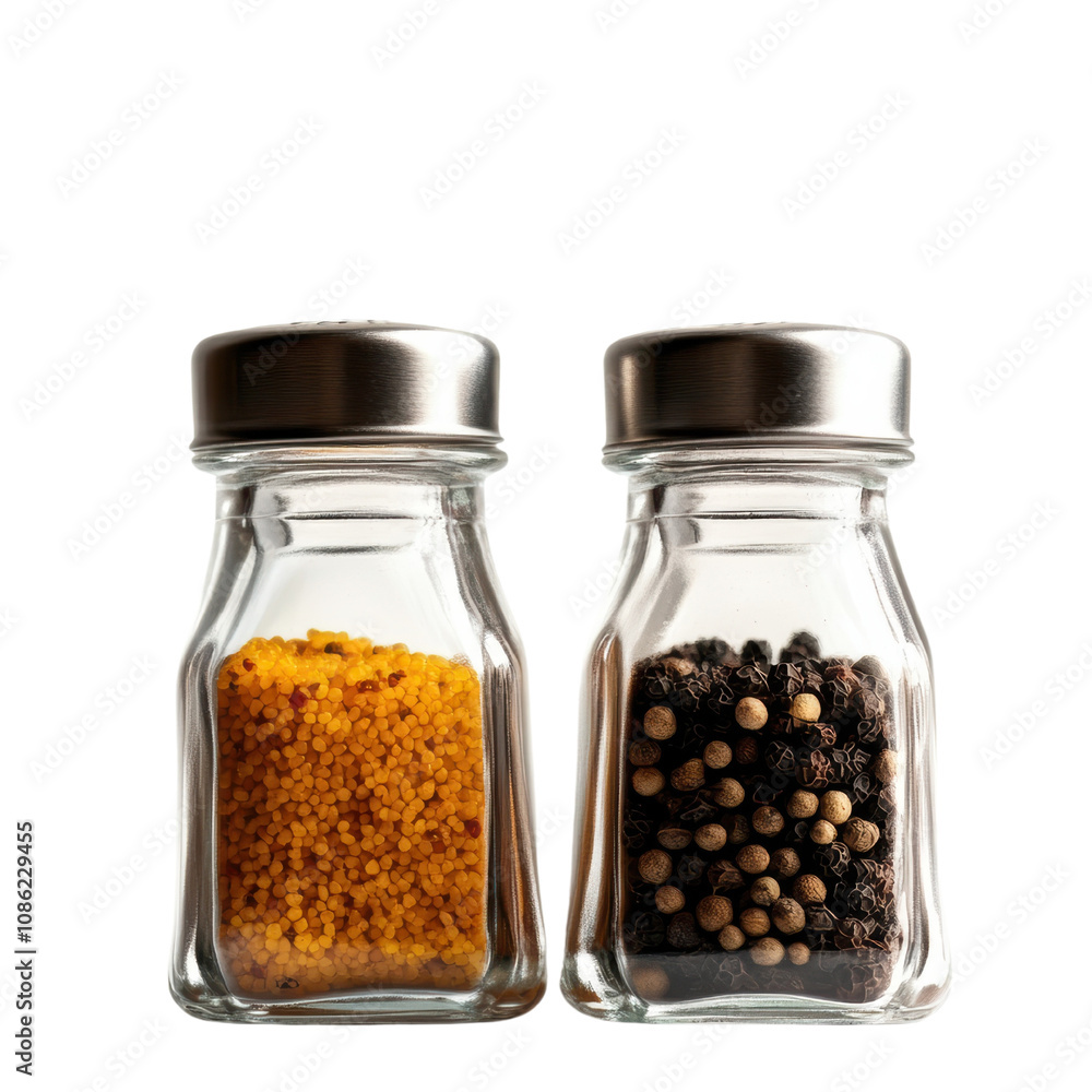 Two glass jars with metal lids contain distinct spices: one filled with a yellow powder and the other with a mix of dark peppercorns. Two glass jars with metal lids contain distinct spices: one filled with a yellow powder and the other with a mix of dark peppercorns.