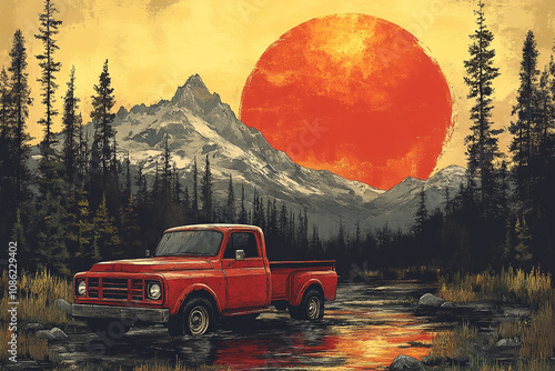 Red Truck Sunset Mountain Forest Scene
