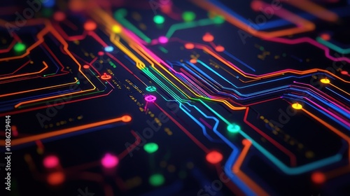 A vibrant, abstract representation of a digital circuit board featuring colorful lines and nodes against a dark background.