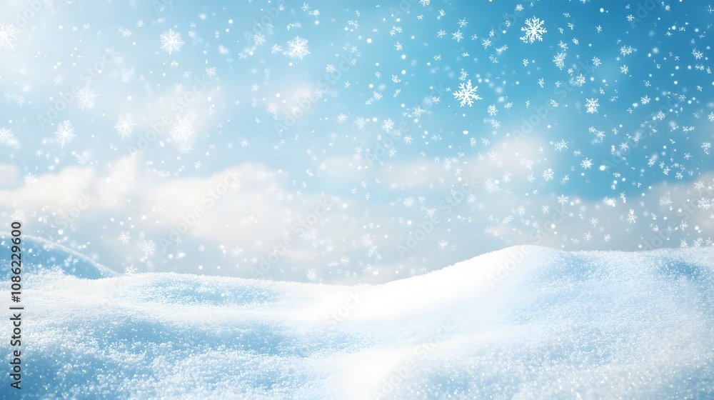 Snowy Landscape with Falling Snowflakes and a Blue Sky Snowy Landscape with Falling Snowflakes and a Blue Sky