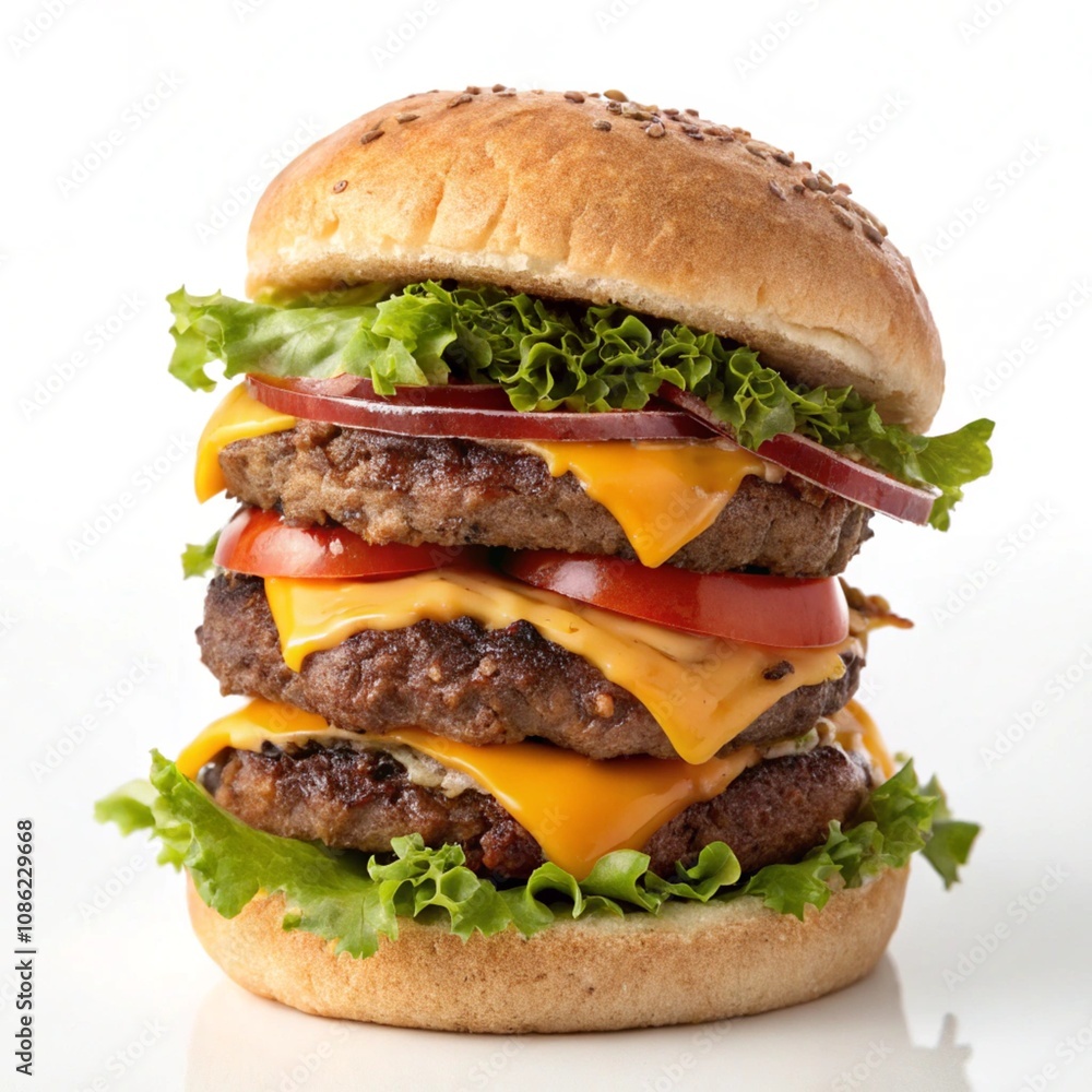Delicious chicken burger, double burger with crispy chicken meat, salad and sauce isolated on white background Delicious chicken burger, double burger with crispy chicken meat, salad and sauce isolated on white background