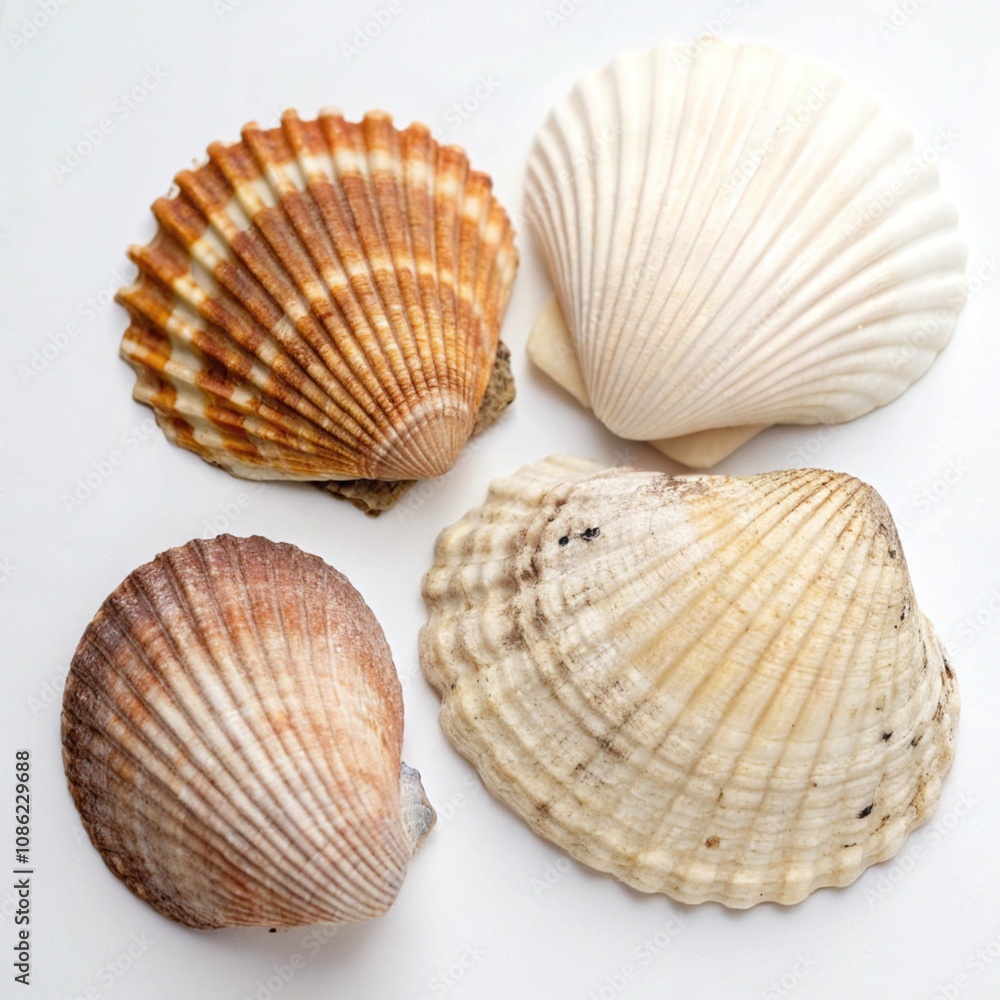 Beautiful sea shells of common cockle isolated on a white background. Cerastoderma edule. Decorative ribbed oval seashells of edible saltwater clams. Beautiful sea shells of common cockle isolated on a white background. Cerastoderma edule. Decorative ribbed oval seashells of edible saltwater clams.