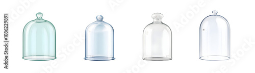 Four elegant glass cloches of various shapes and sizes.