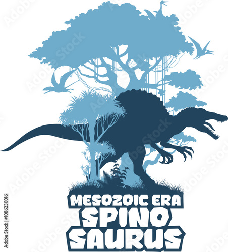 vector t-shirt design with Spinosaurus in jungle. Vector sticker with Spinosaurus and pterodactyl