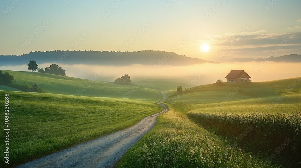 Serene Sunrise Over Rolling Hills and Misty Fields Serene Sunrise Over Rolling Hills and Misty Fields