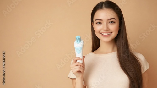 Happy woman holding a facial cleansing device. photo