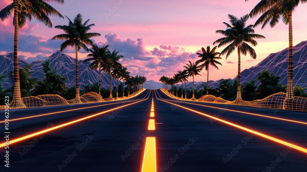 A vibrant sunset road lined with palm trees and mountains in the background, creating a picturesque tropical scene.