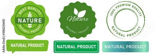 Natural product information ingredient nature safe eco-friendly herbal pure guarantee health food packaging stamp green badges label banner sticker design icon set collection