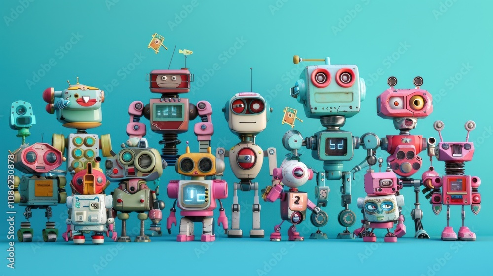 Cute robot using 3D modeling software on blue background, AI generated image Cute robot using 3D modeling software on blue background, AI generated image